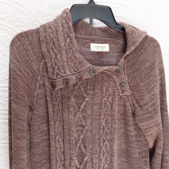 Brown Sonoma Fisherman Style Cable Knit Half Button Wide Fold Collar  LG (T-387) - Picture 4 of 11